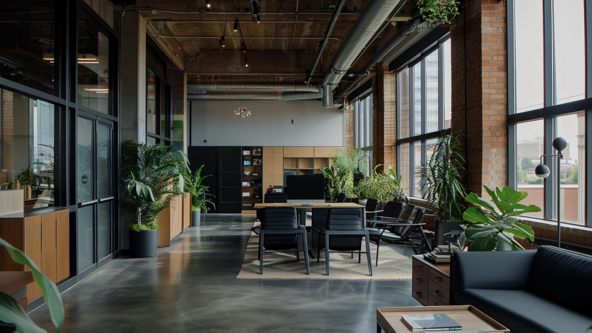 A modern office interior featuring large windows with natural light, brick walls, and a mix of greenery. The space includes a conference area with a large table and black chairs, a cozy seating area with a dark sofa, and wooden shelving. The floor is polished concrete, and the overall design is sleek and inviting.